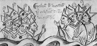 A drawing of the Fourth Lateran Council from the Chronicle of Matthew Paris, Chronica Maiora, Corpus Christi College, Cambridge